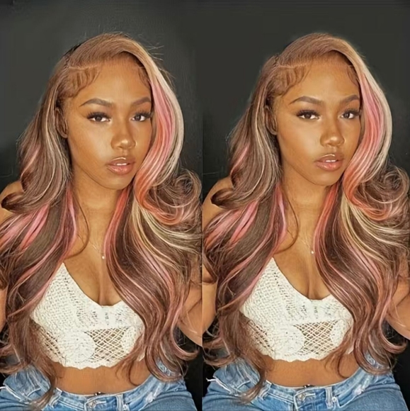 Ombré Highlight Golden Brown/Pink Body Wave Human Hair 13x4 Lace Frontal Wig - Picture 7 of 9